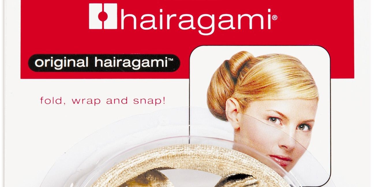 Cropped Hairagami hair accessory in red and white packaging