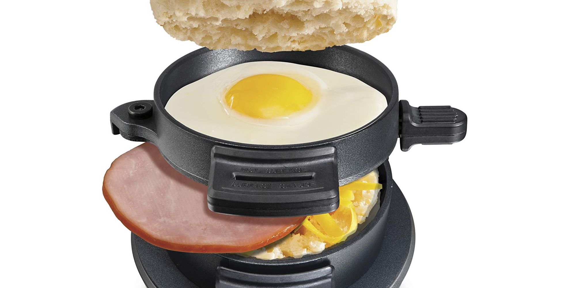 Cropped breakfast sandwich maker with ingredients 