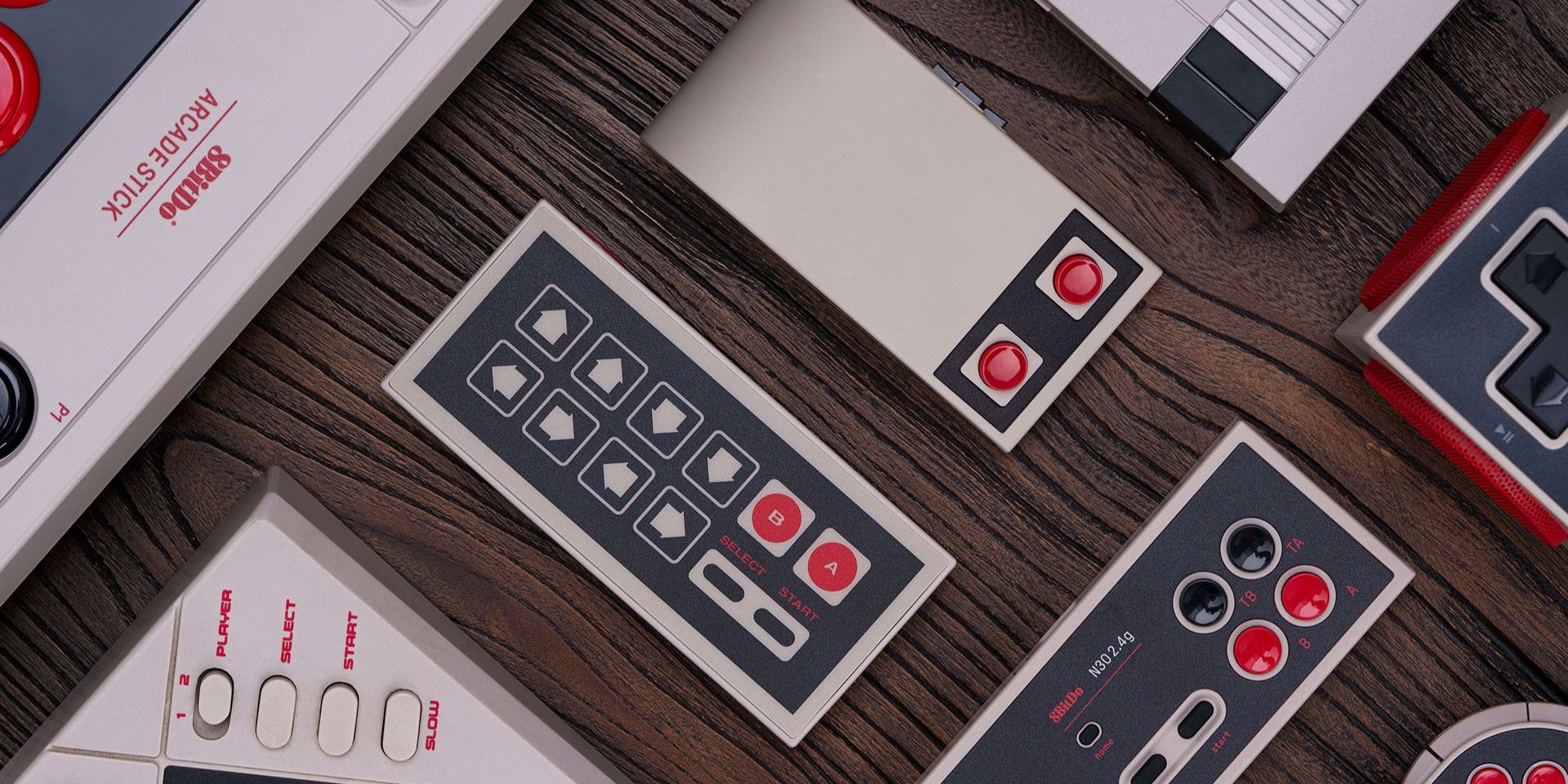 8bitDo N30 accessories pictured on a wooden surface