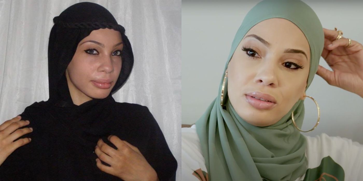 90 Day Fiancé star Shaeeda Sween wears black hijab in older photo and green hijab with gold hoop earrings in newer photo