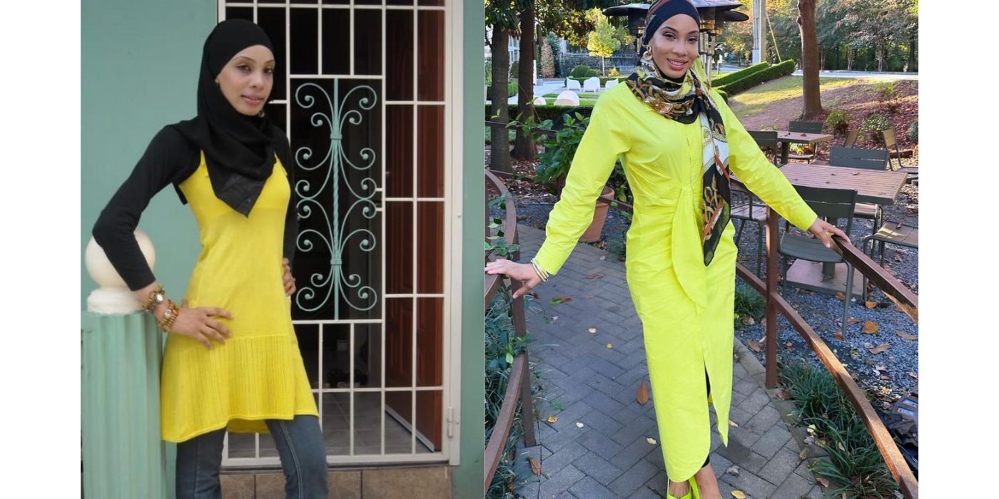 90 Day Fiancé star Shaeeda Sween poses with hand on hip in older photo next to newer photo where she wears neon green dress
