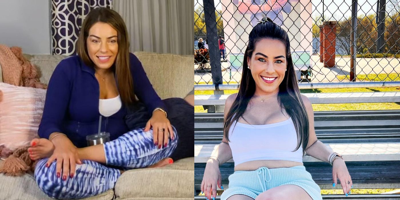 Side by side photos of 90 Day Fiancé star Veronica Rodriguez sitting on couch and on bench outside