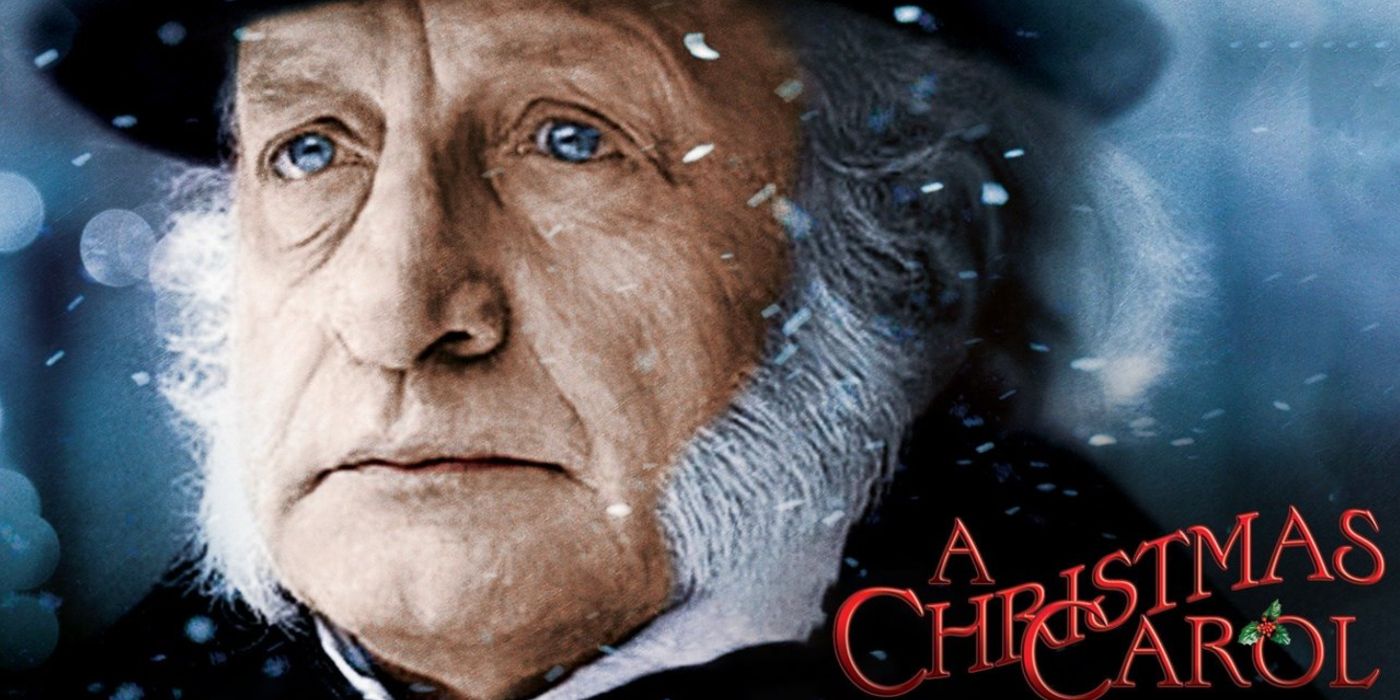 Gambar sampul A Christmas Carol 1984 dengan Scrooge tampak serius. 