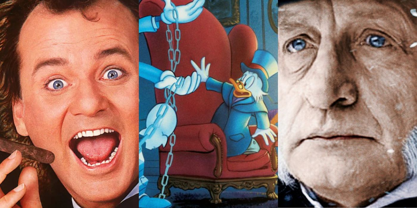 Bill Murray smiling in Scrooged, Scrooge looking scared in Mickey's Christmas Carol, and Scrooge looking series in A Christmas Carol (1984). 