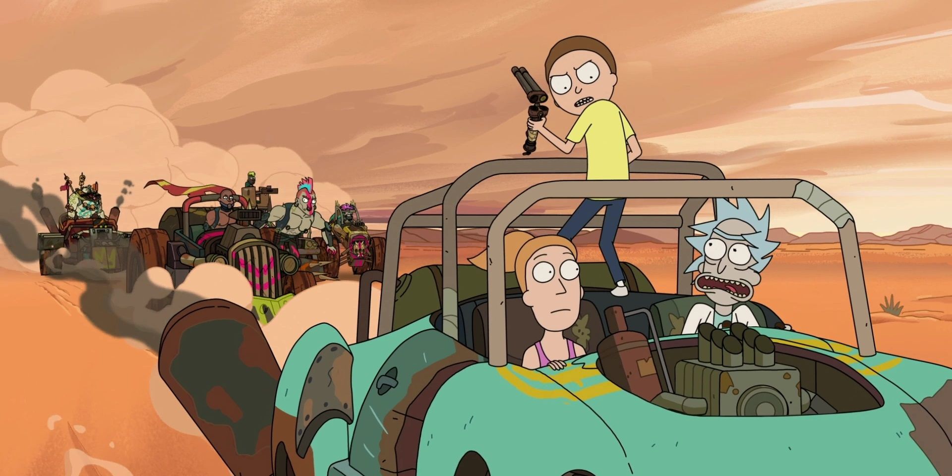 Uma perseguição de carros no estilo Mad Max em Rick and Morty