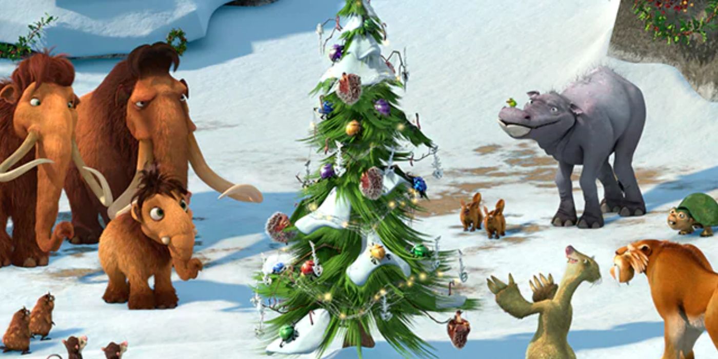 The Ice Age characters gather around a Christmas tree in the snow in A Mammoth Christmas. 