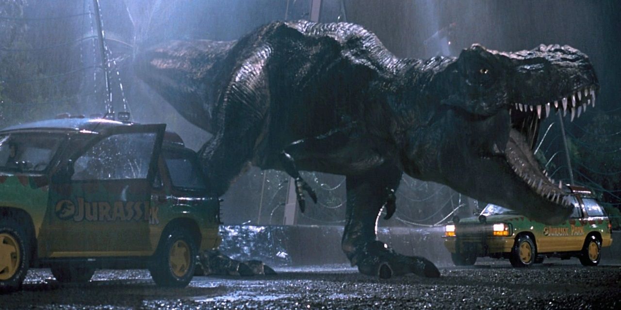 A T rex roars in Jurassic Park