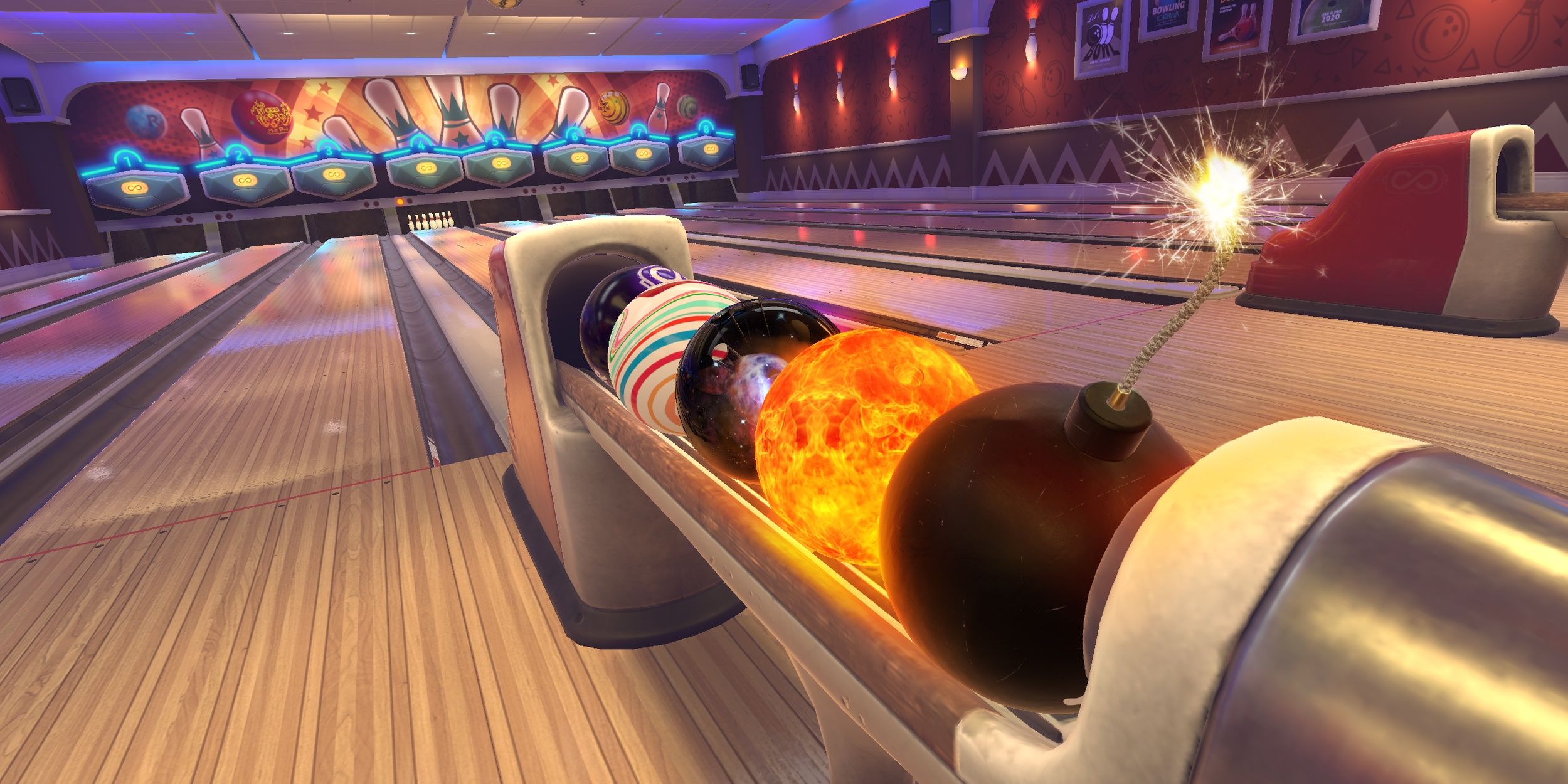 A bowling bowl alley in ForeVR Bowl 