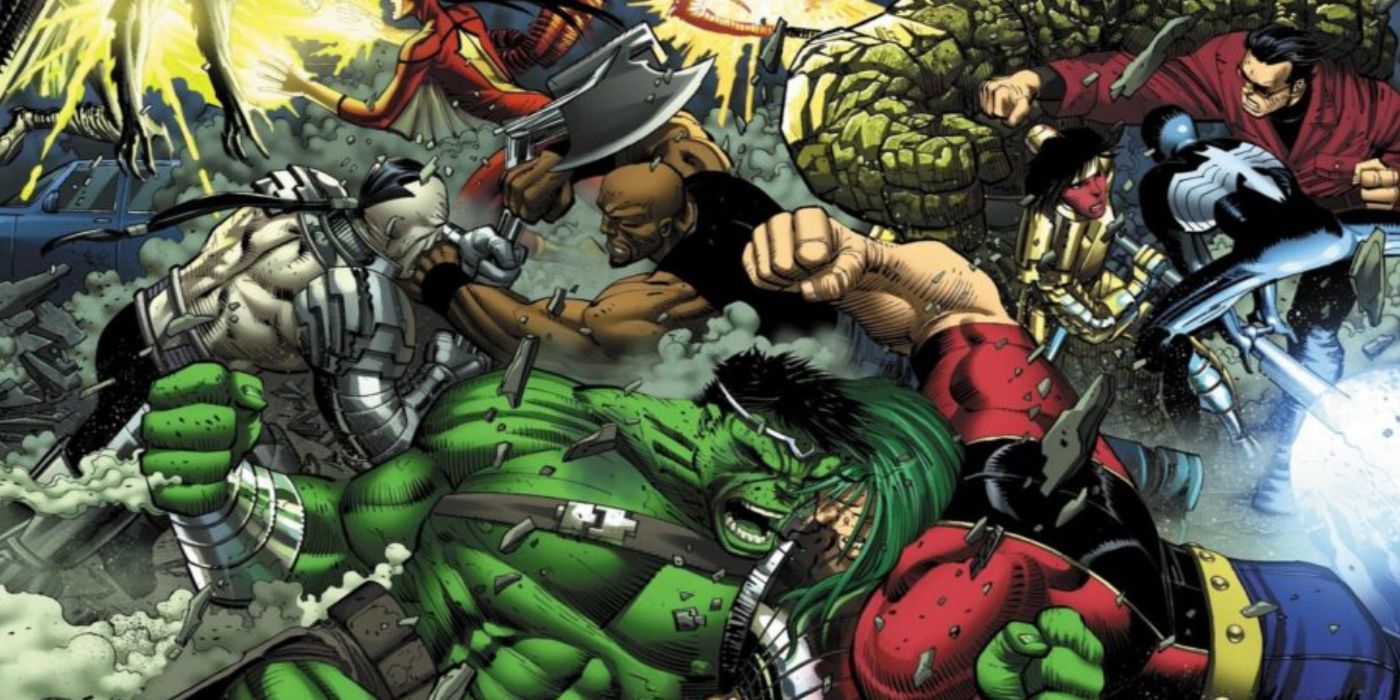 A group of heroes fighting Hulk and the Warbound