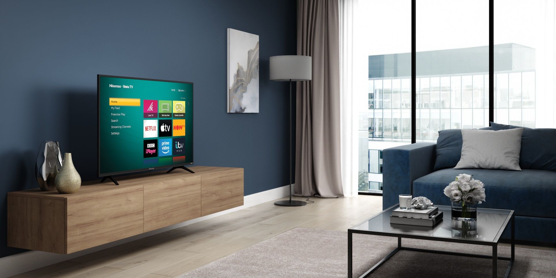 A living room with a Hisense Smart TV