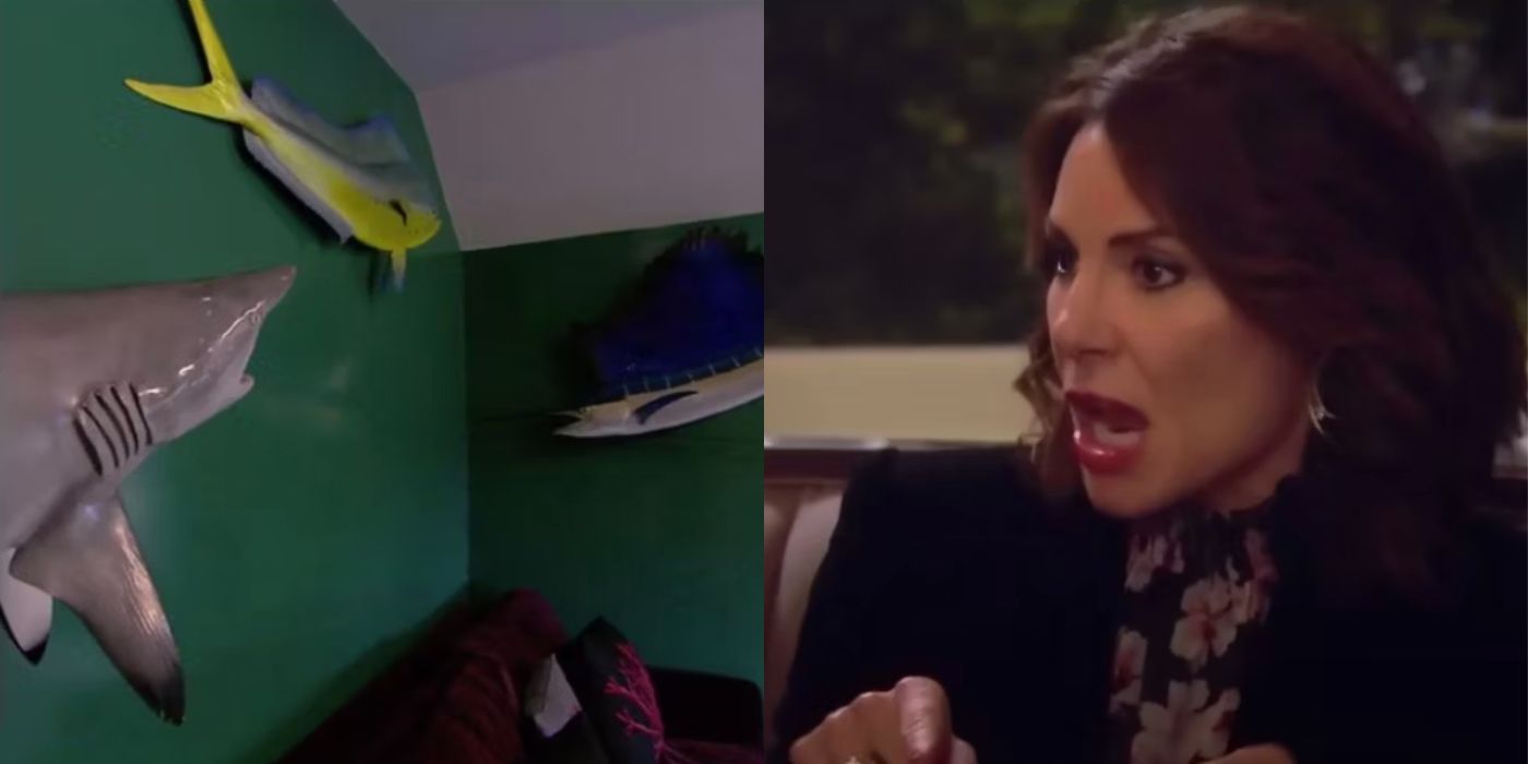 A split image Luann gasping at the fish room on RHONY