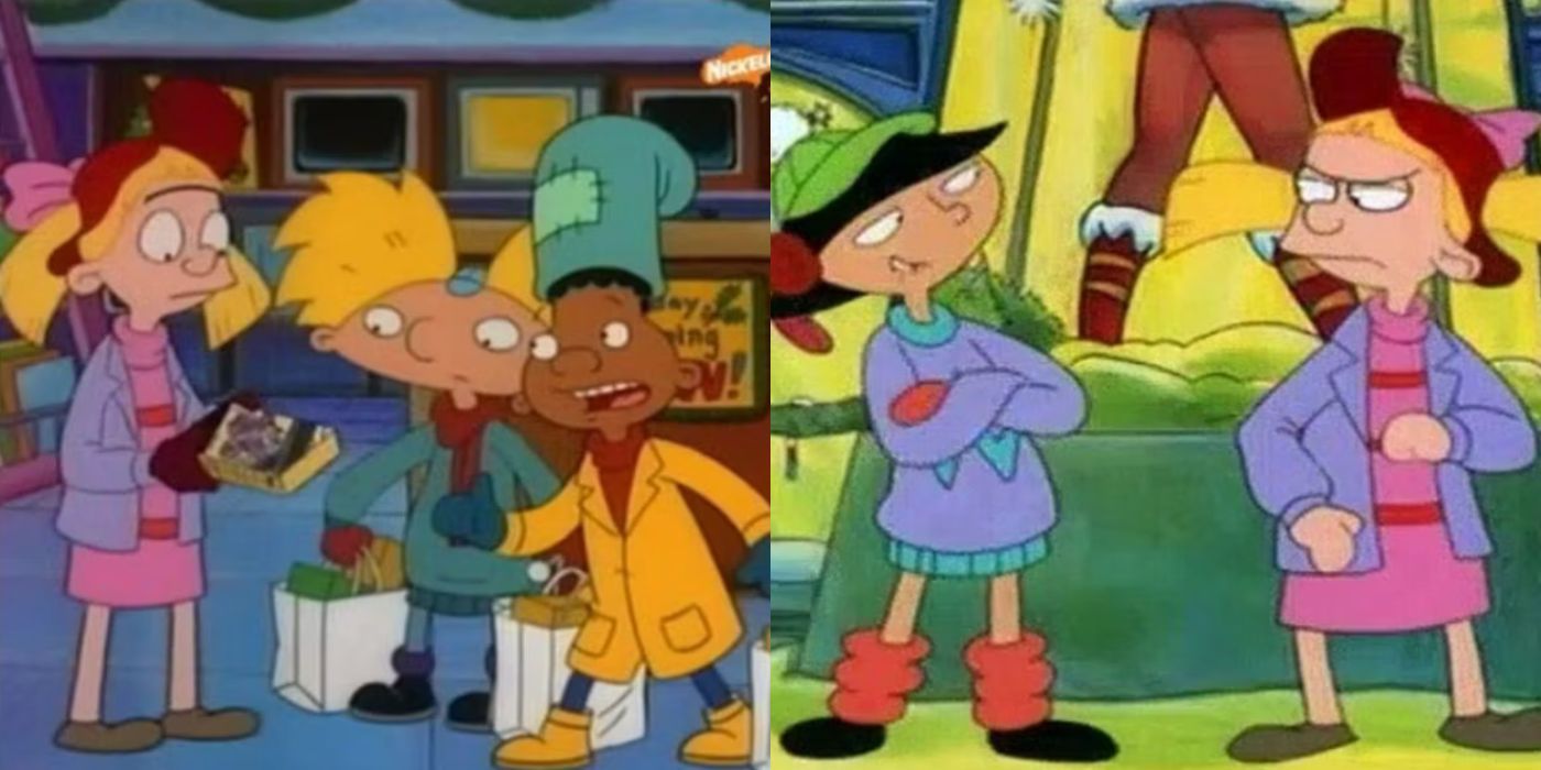 A split image of Arnold and his friends talking to Helga on Christmas for Hey Arnold!