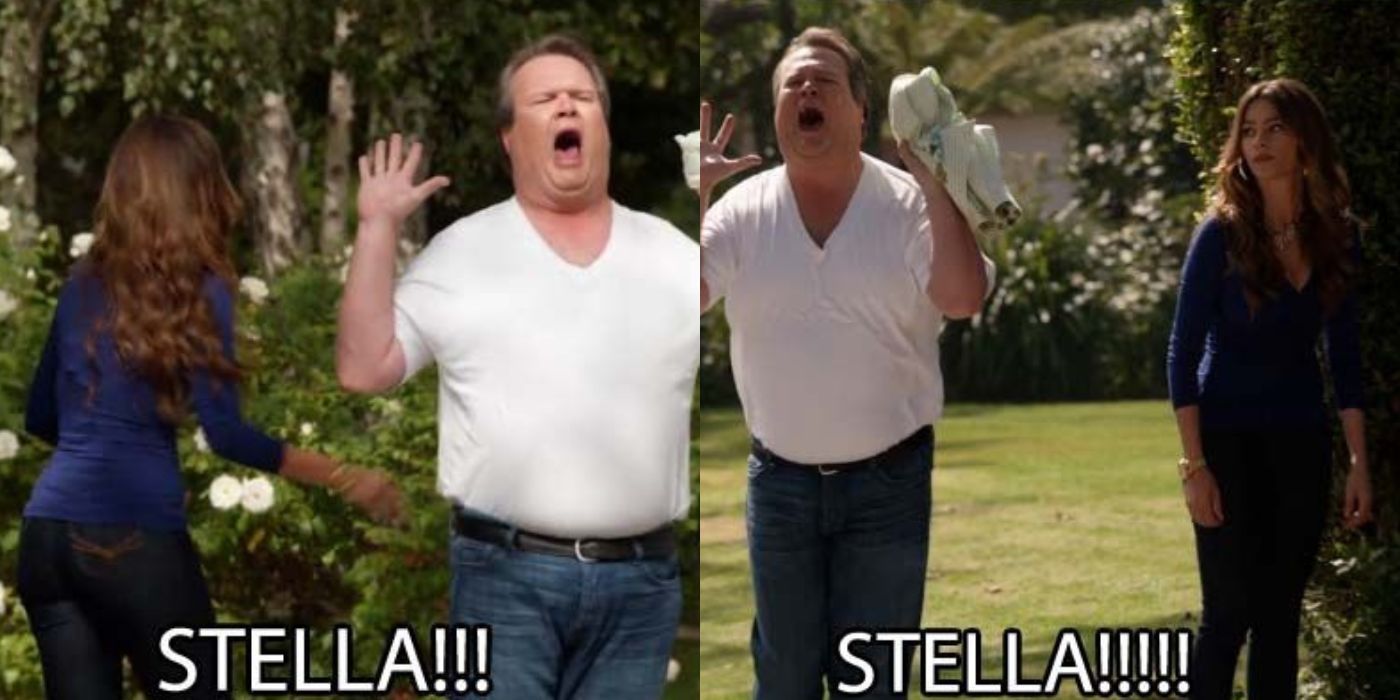 A split image of Cam and Gloria looking for Stella on Modern Family