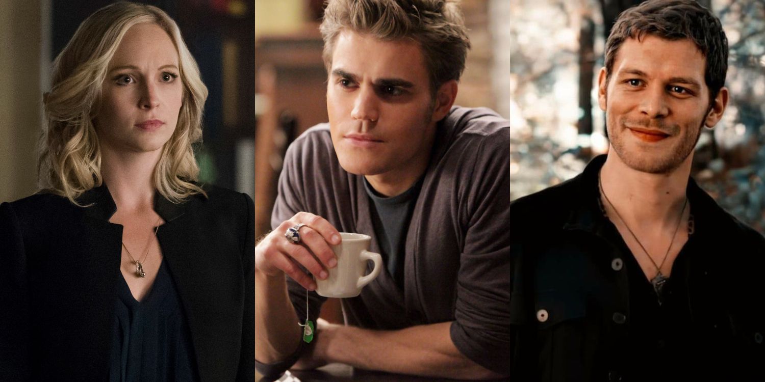 A split image of Caroline looking serious, Stefan drinking from a cup, and Klaus smiling on The Vampire Diaries