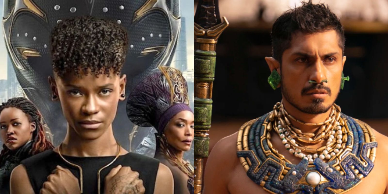 A split image of Nakia, Shuri, and Ramonda on the Black Panther 2 poster, and Namor looking seriously at someone off screen