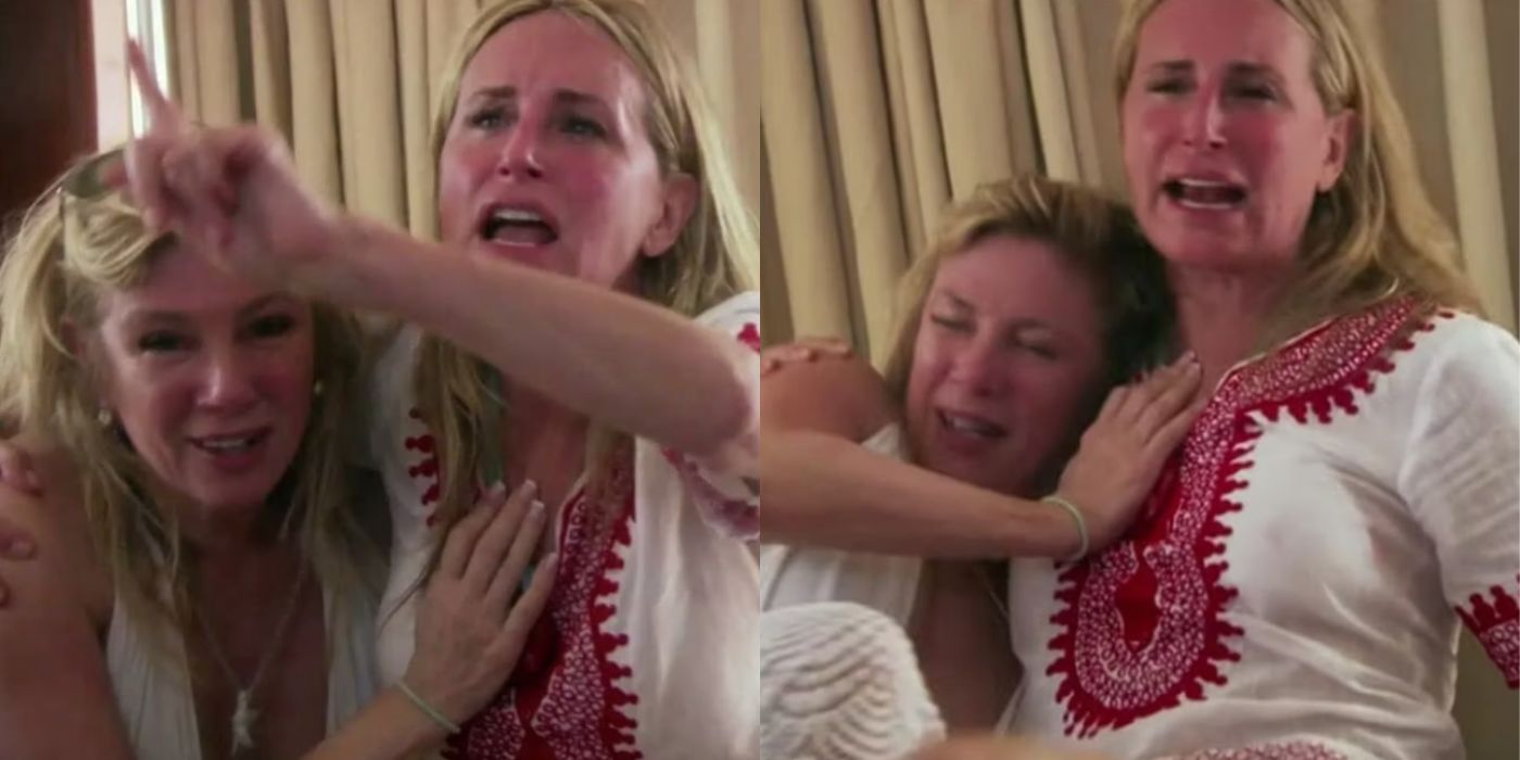 A split image of Ramona and Sonja crying on a boat on RHONY