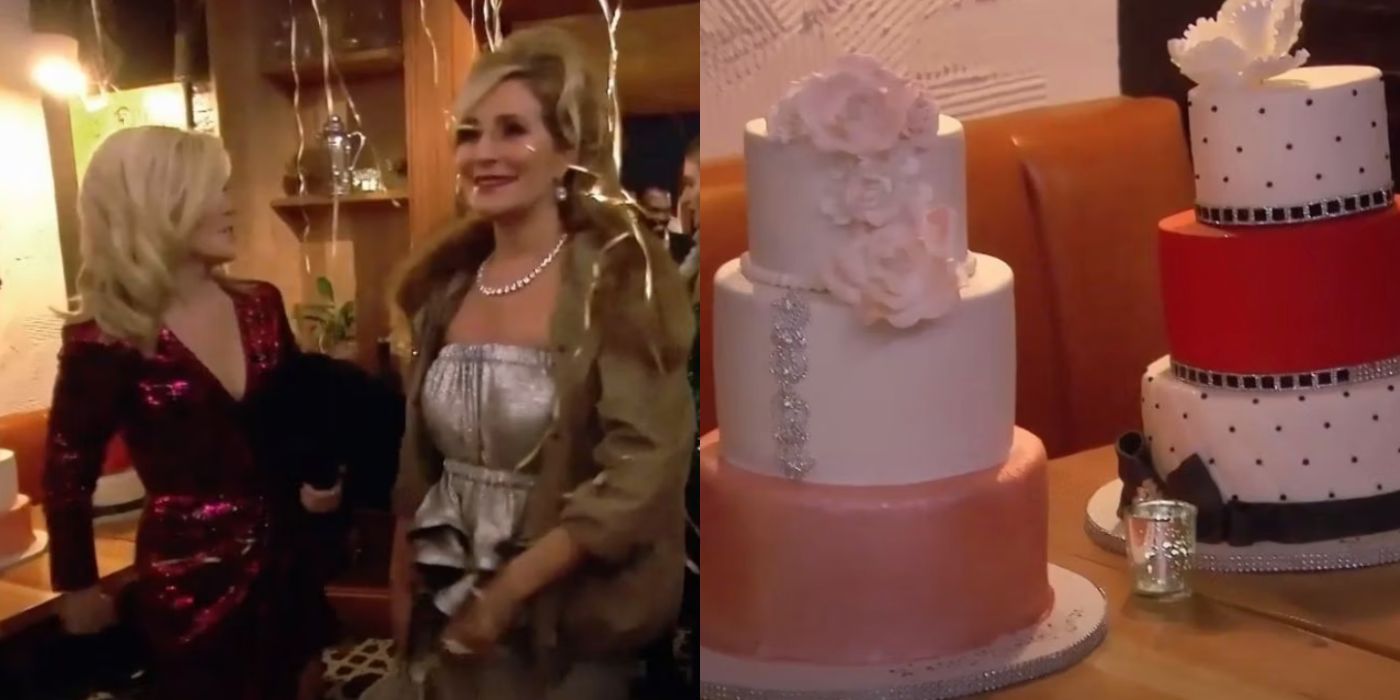A split image of Sonja and a friend at a restaurant for a birthday party on RHONY