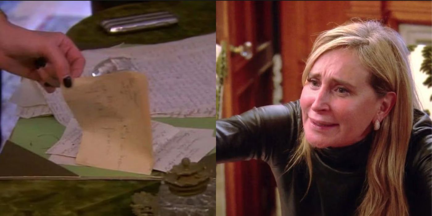 A split image of Sonja arguing about the Morgan letters on RHONY