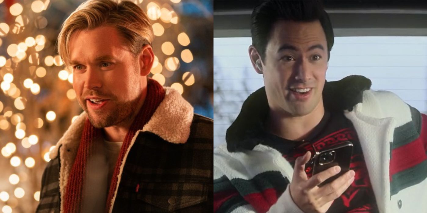 Uma imagem dividida de Tad e Jake em diferentes cenas de Falling for Christmas