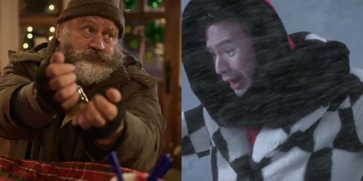 Split image of Tad sucking in the snow and an older man helping him fall for Christmas