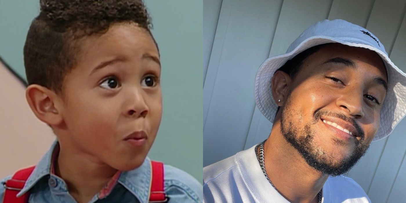 A split image of Tahj Mowry in the &rsquo;90s and today smiling