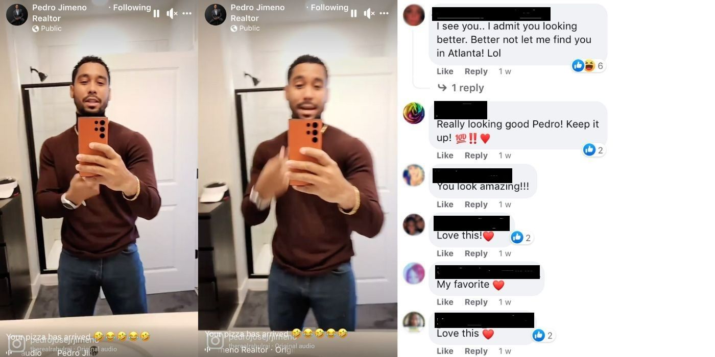 A split image of The Family Chantel's Pedro rapping at his office with fans comments on the side 