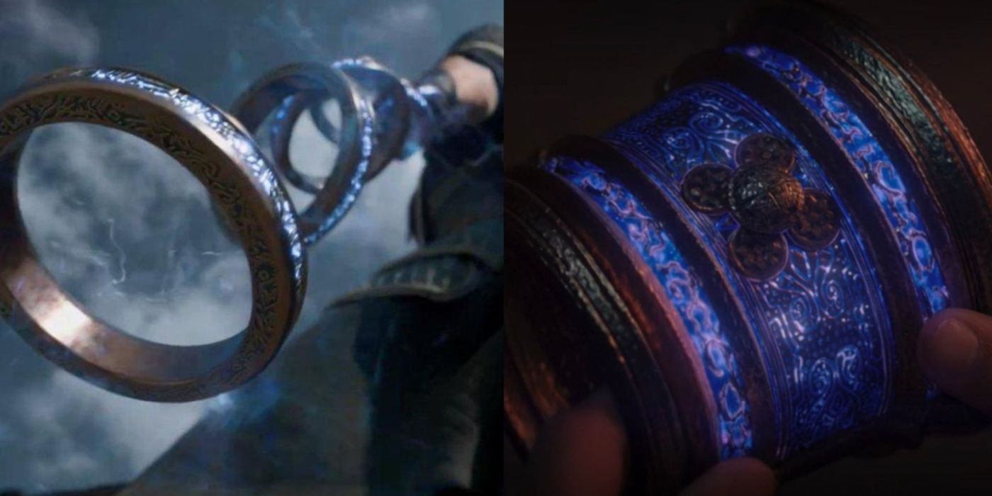 A split image of the Ten Rings from Shang-Chi and Kamala Kahn&rsquo;s bangle are shown.