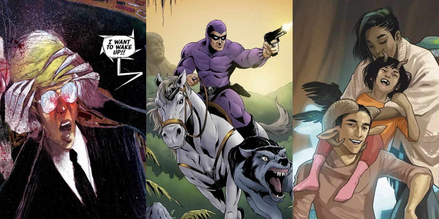 A split image of the comics Department of Truth, The Phantom,and Saga