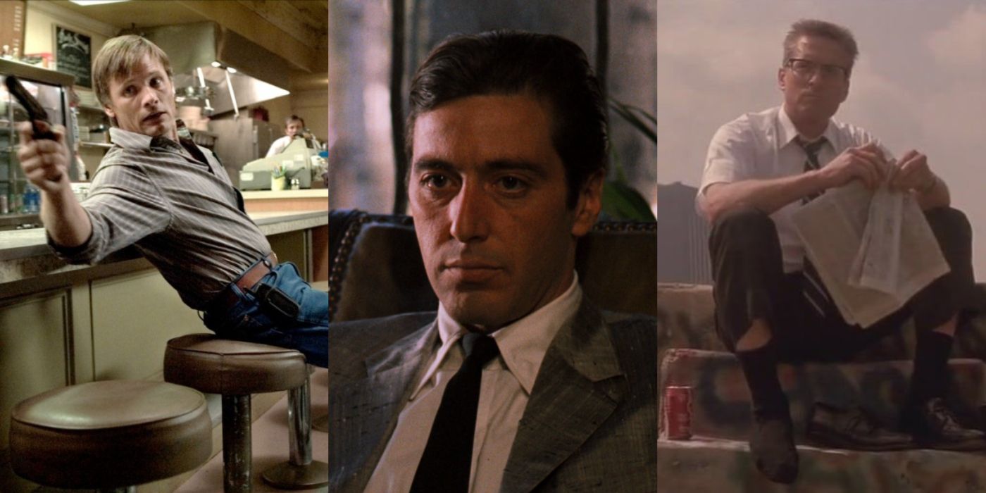 A split image of the films History of Violence, The Godfather, and Falling Down