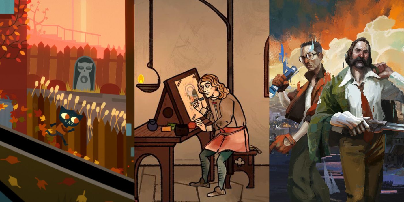 A split image of the games Night in the Woods, Pentiment, and Disco Elysium