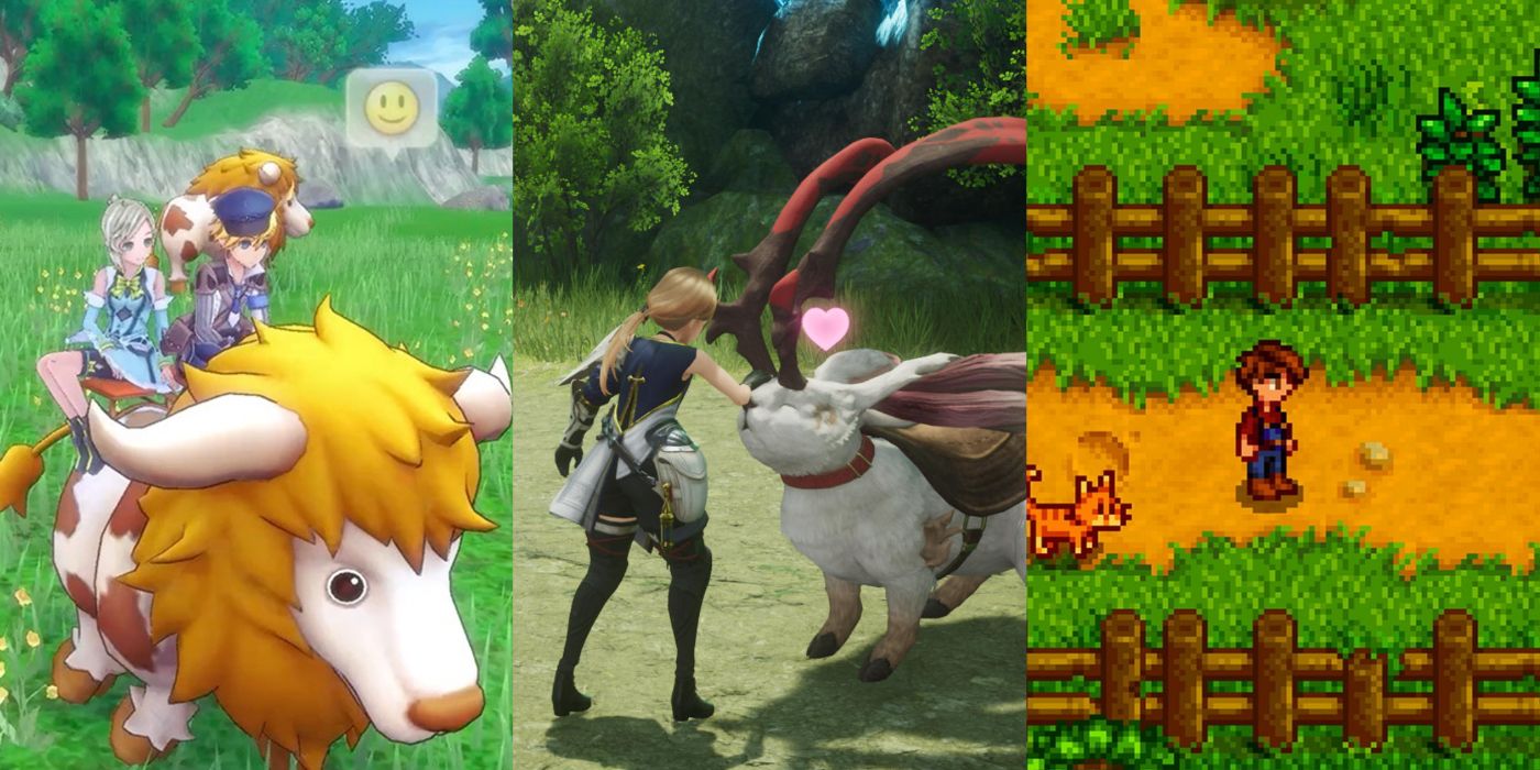 A split image of the games Rune Factory 5, Harvestella, and Stardew Valley