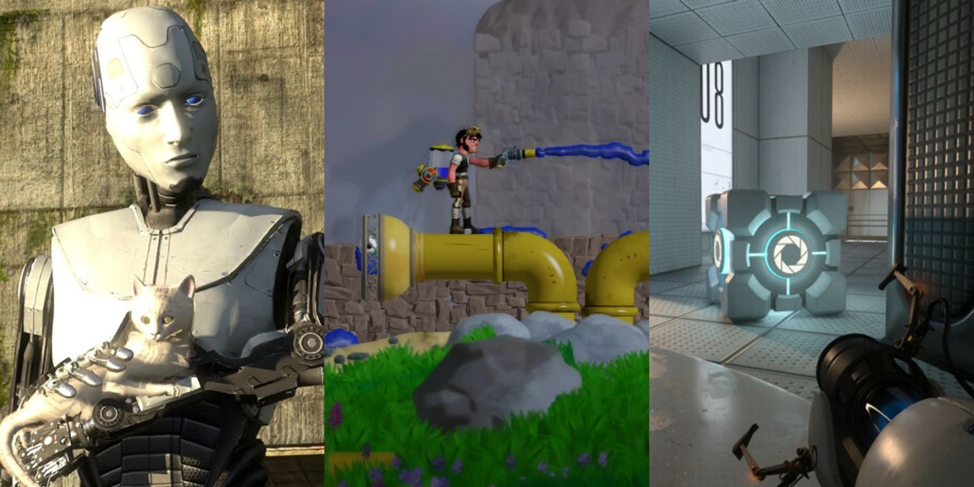 A split image of the games The Talos Principle, Vessel, and Portal