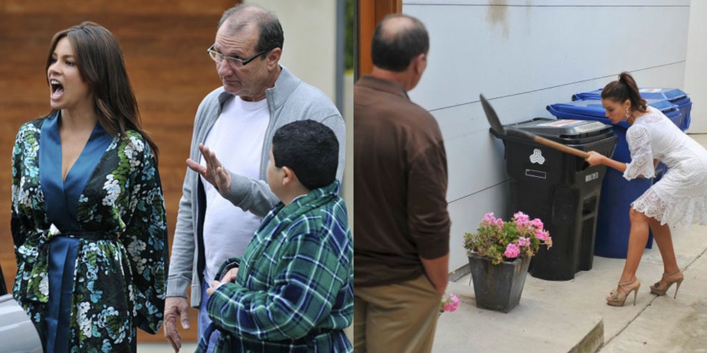 A split images of Gloria arguing with the neighbor and hitting a mouse with a shovel on Modern Family