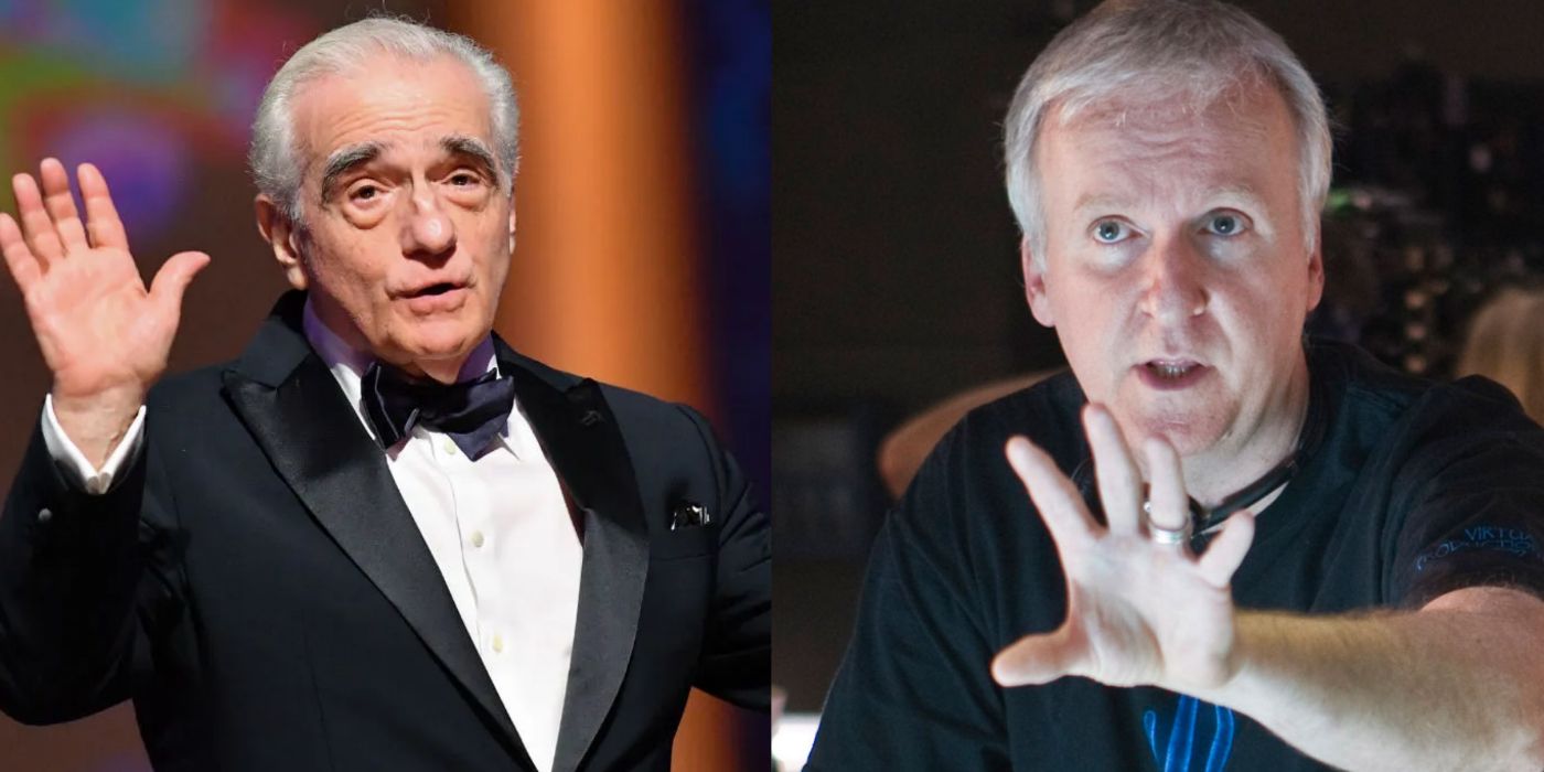 A split screen of Martin Scorsese and James Cameron.