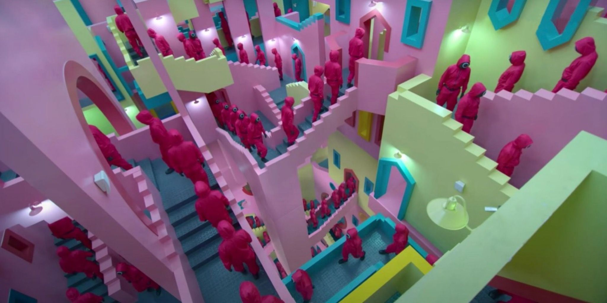 A still of the Pink Soldiers from Squid Game (2021)