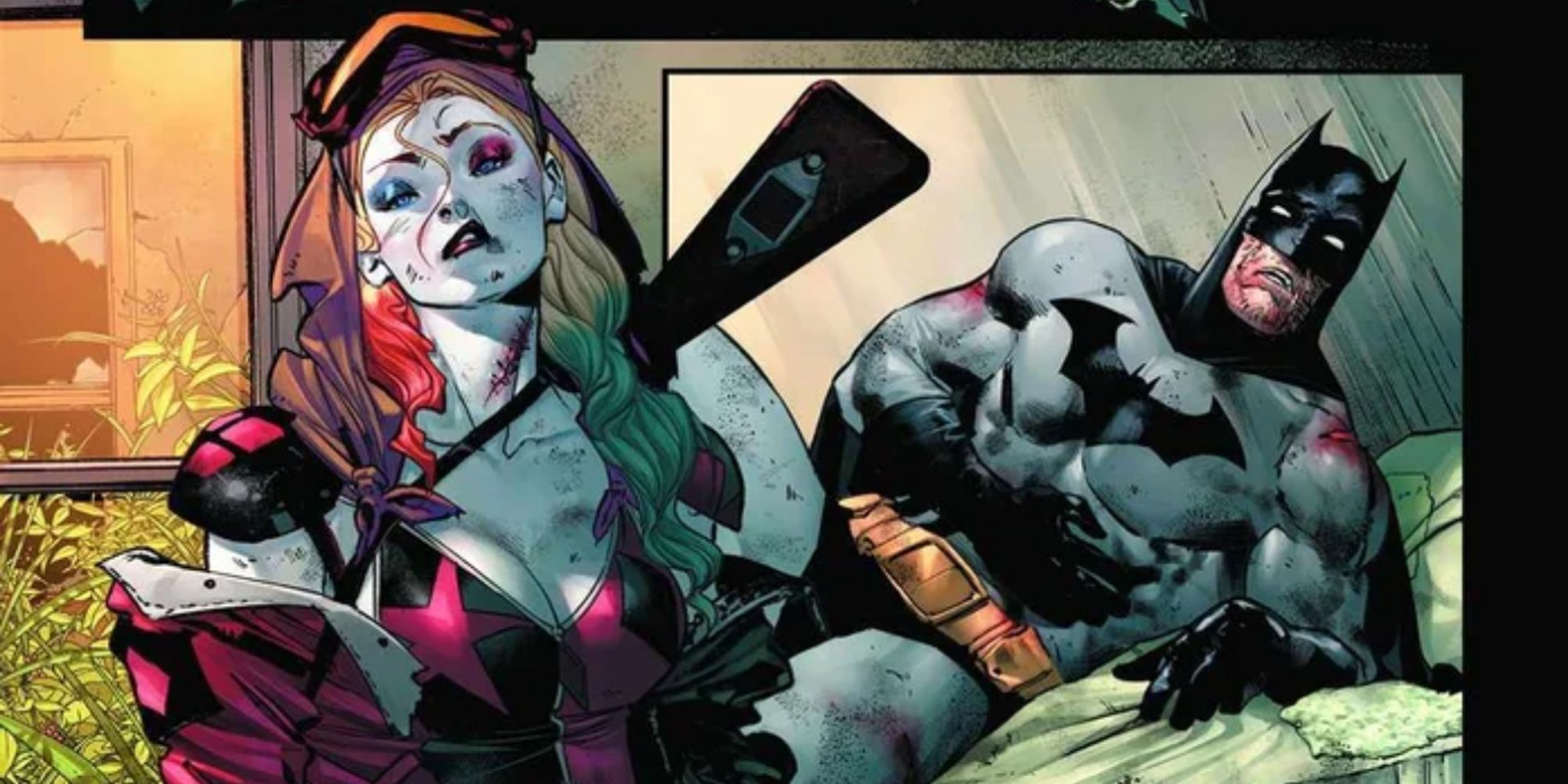 A wounded Harley Quinn saving Batman's life in The Joker War