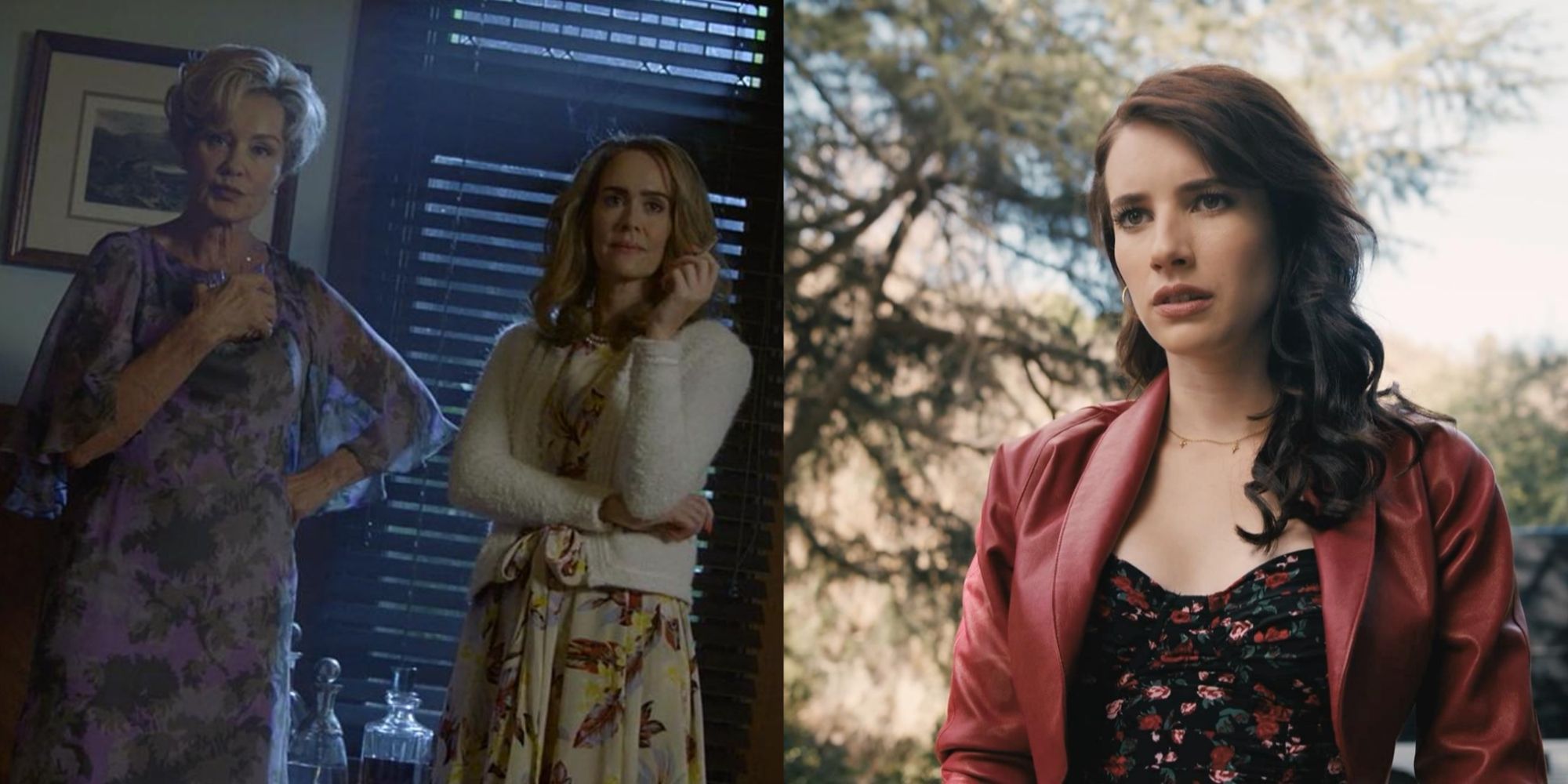 Split image of Jessica Lange and Sarah Paulson in AHS Apocalypse and Emma Roberts in AHS 1984