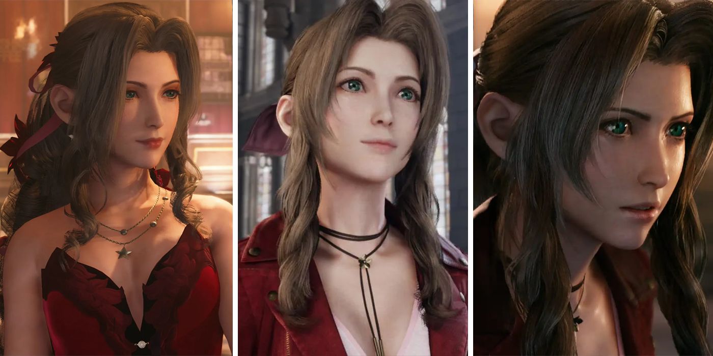 Three different imagers of Aerith from Final Fantasy 7 Remake, showing her in different outfits and poses.