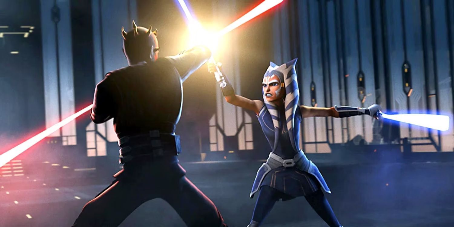 Uma imagem de Ahsoka Tano vs. Maul em The Clone Wars