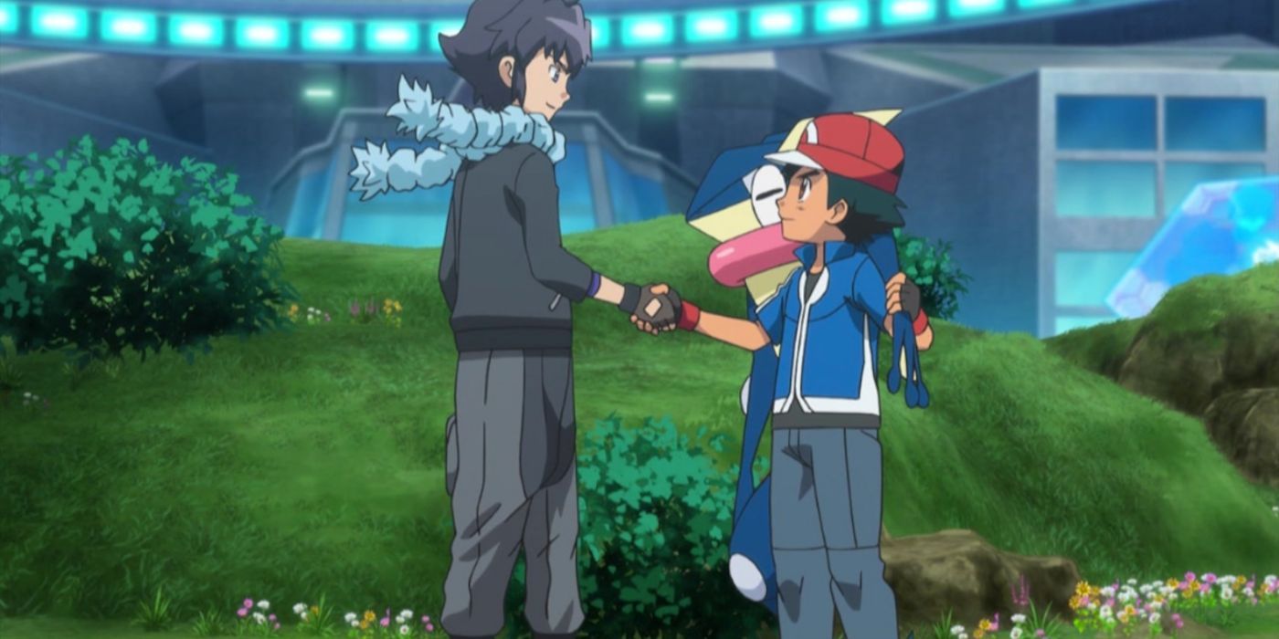 A scene from Pokémon showing Alain shaking hands with Ash while Ash cares for Greninja.