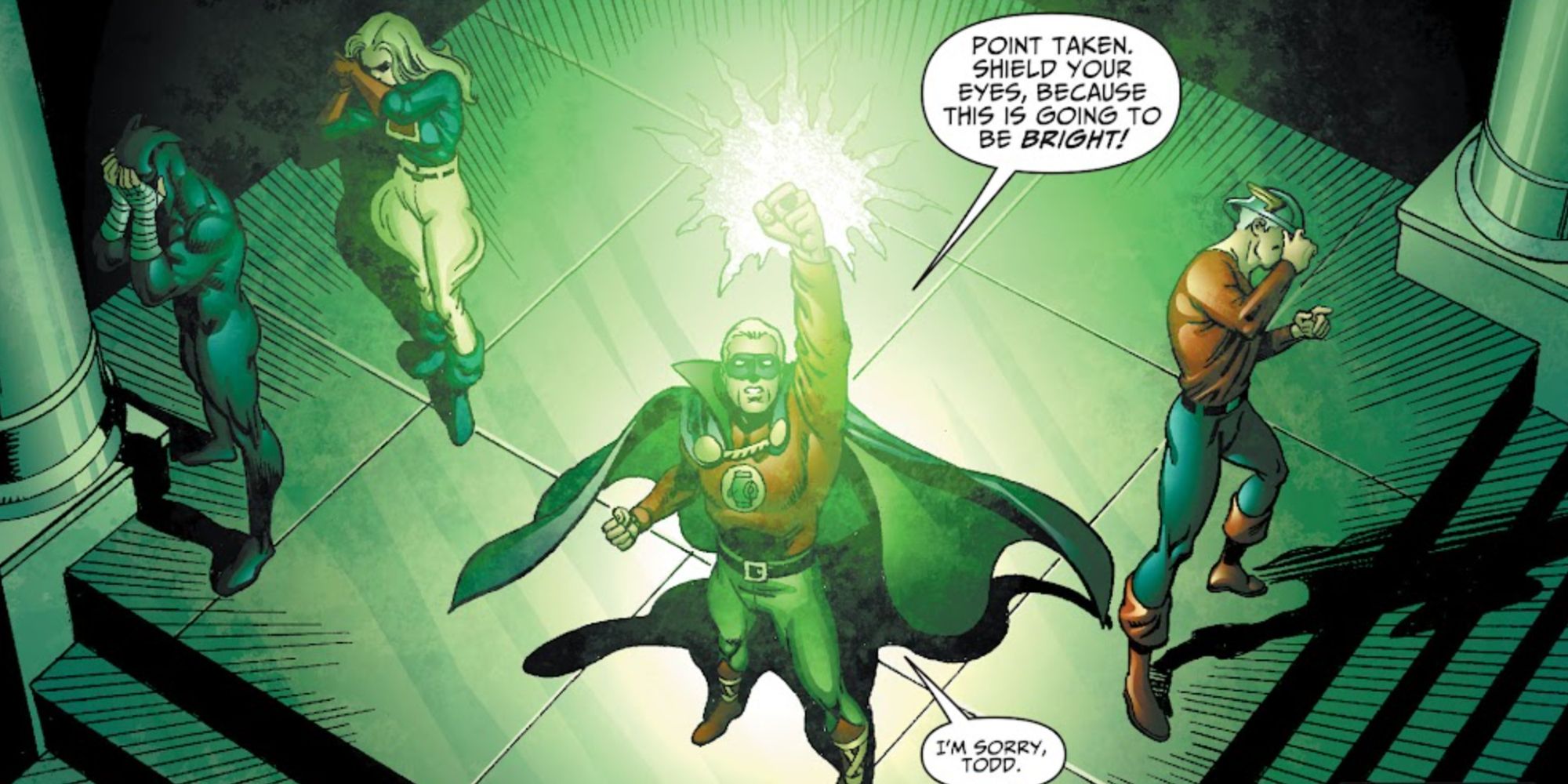 O Lanterna Verde de Alan Scott usando seu anel para iluminar uma sala escura como breu em Justice Society Of America #27 (2009)