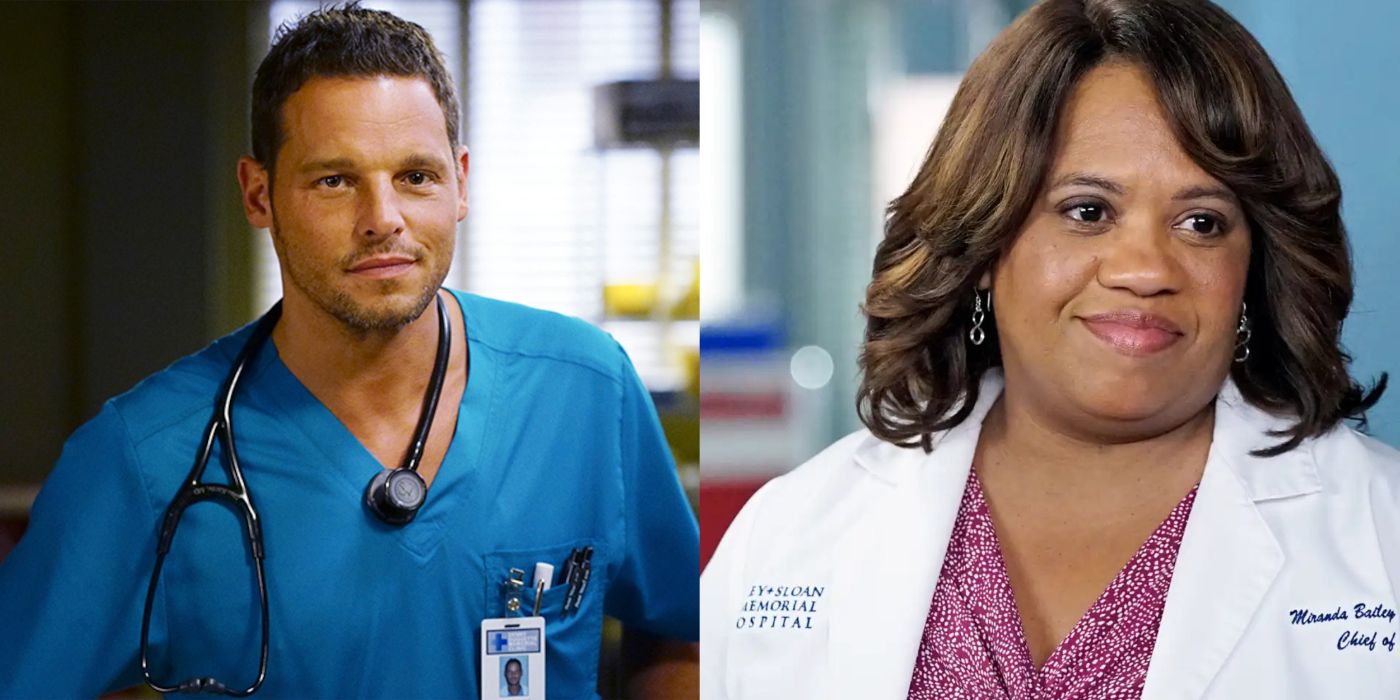 Split image of Alex Karev in blue scrubs with a stethoscope and Miranda Bailey in white lab coat on Grey&rsquo;s Anatomy