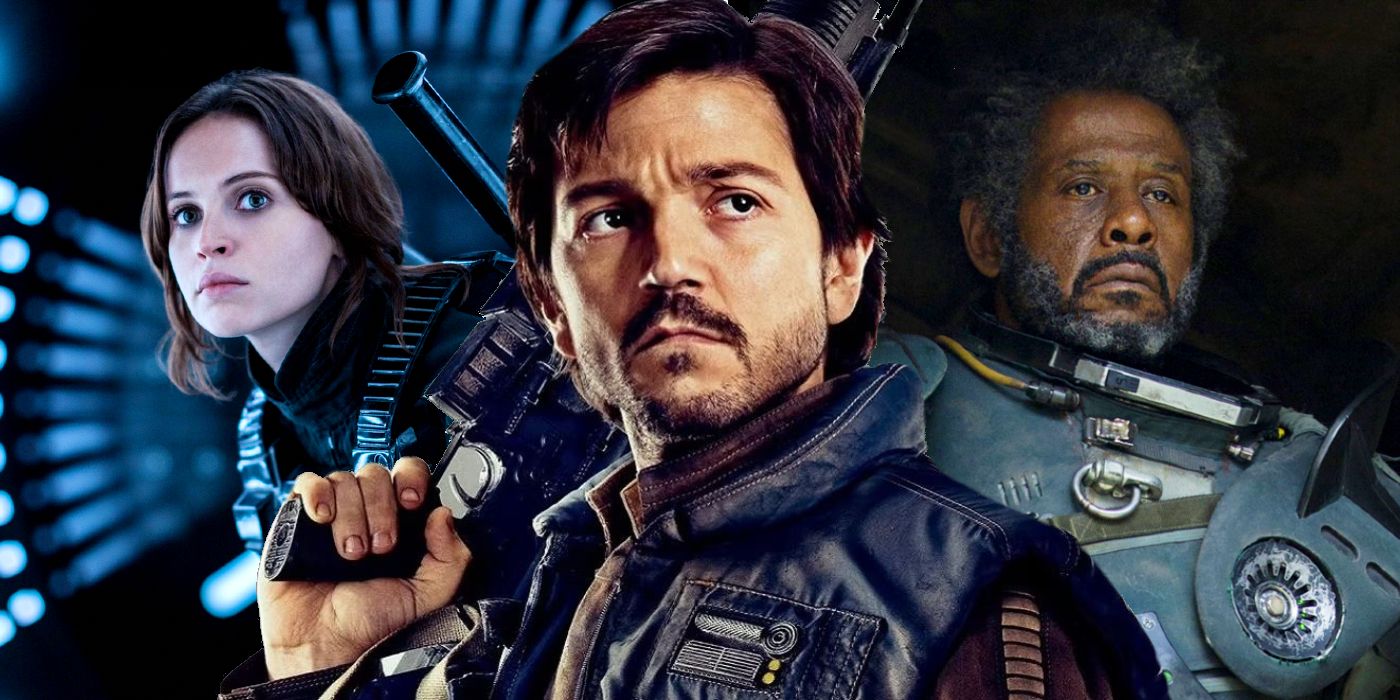 Felicity Jones as Jyn Erso, Diego Luna as Cassian Andor, and Forest Whitaker as Saw Gerrera in Rogue One
