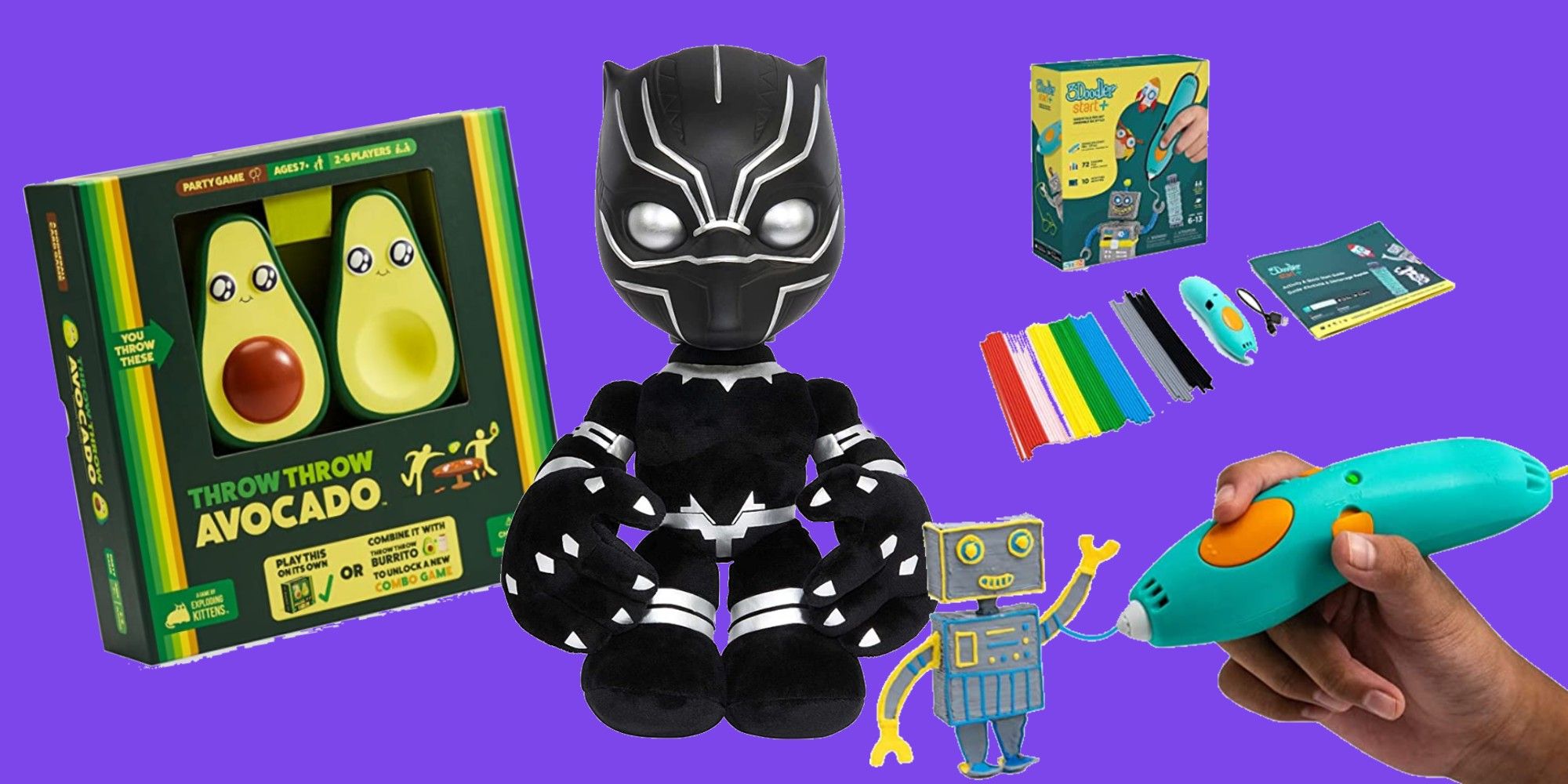 Amazon's Throw Throw Avocado Game, Black Panther Light-Up Plush, and 3D Doodler Kit