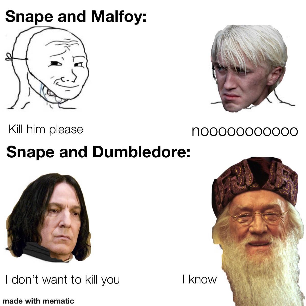 An image of Snape talking to Draco and Dumbledore in meme format