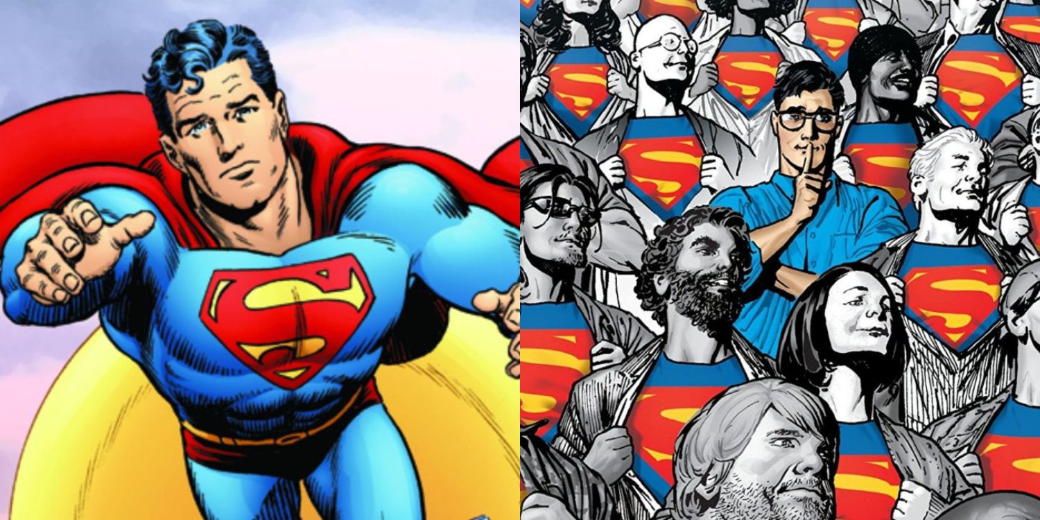 An image of Superman flying and Clark Kent standing in a group of Superman fans in the comics