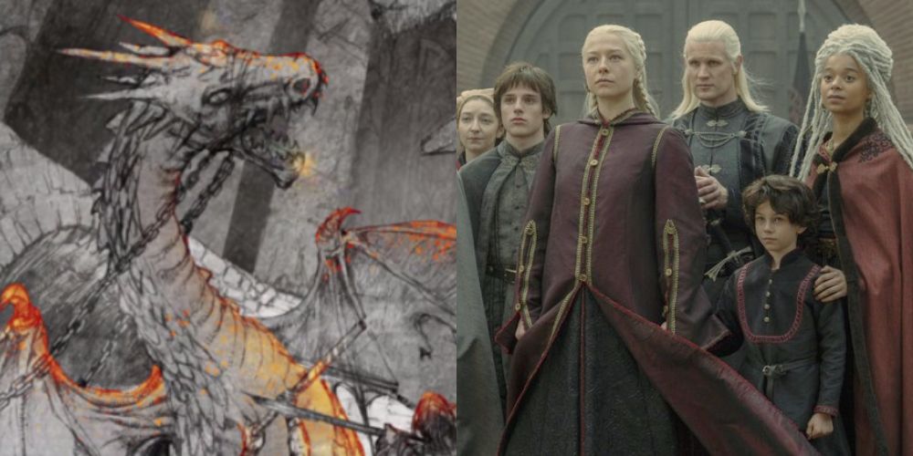 Uma imagem da morte de Tyraxes, conforme retratado em Game of Thrones_ Histories & Lore e House Targaryen em HOTD