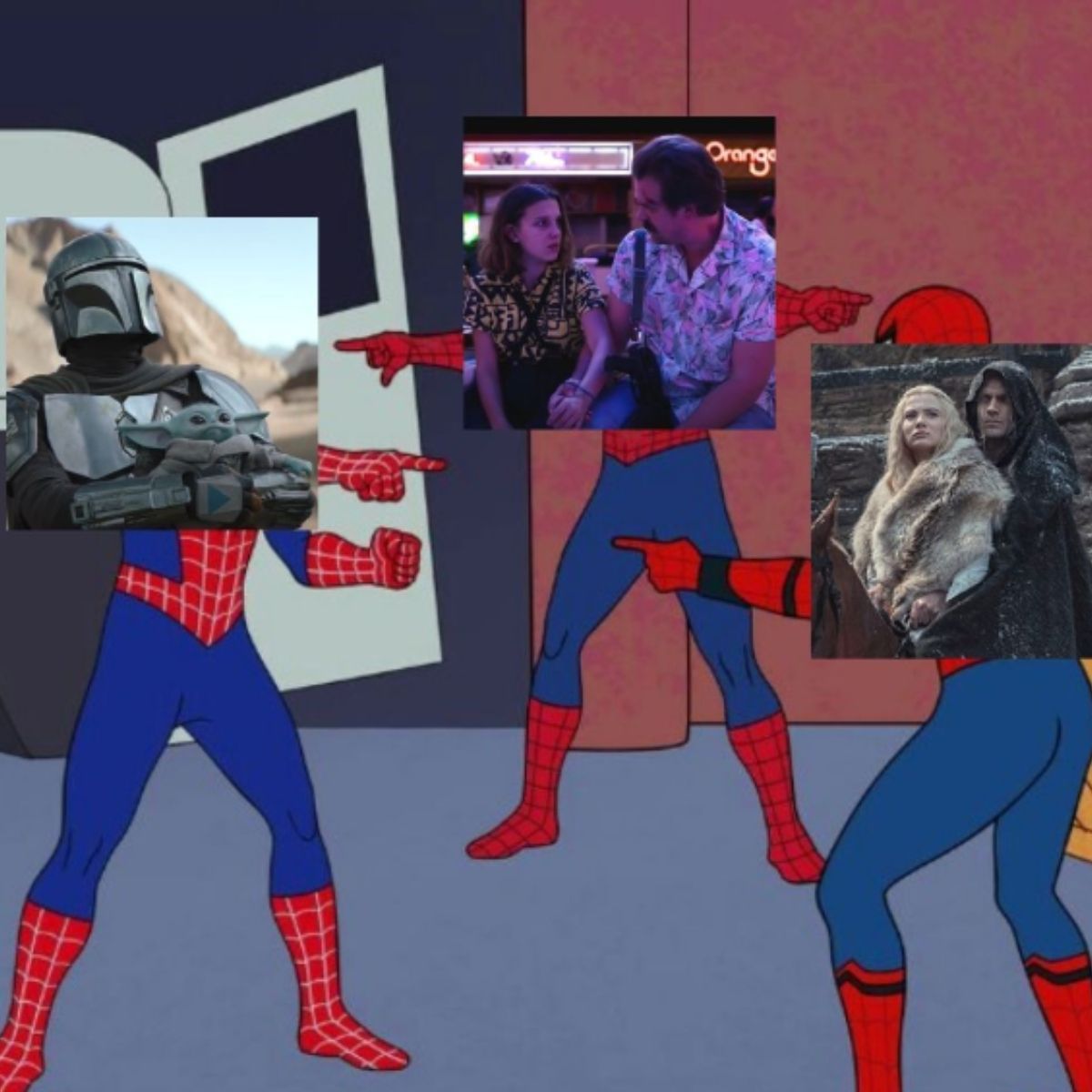 An image of all three Spider-Men pointing at each other in meme format