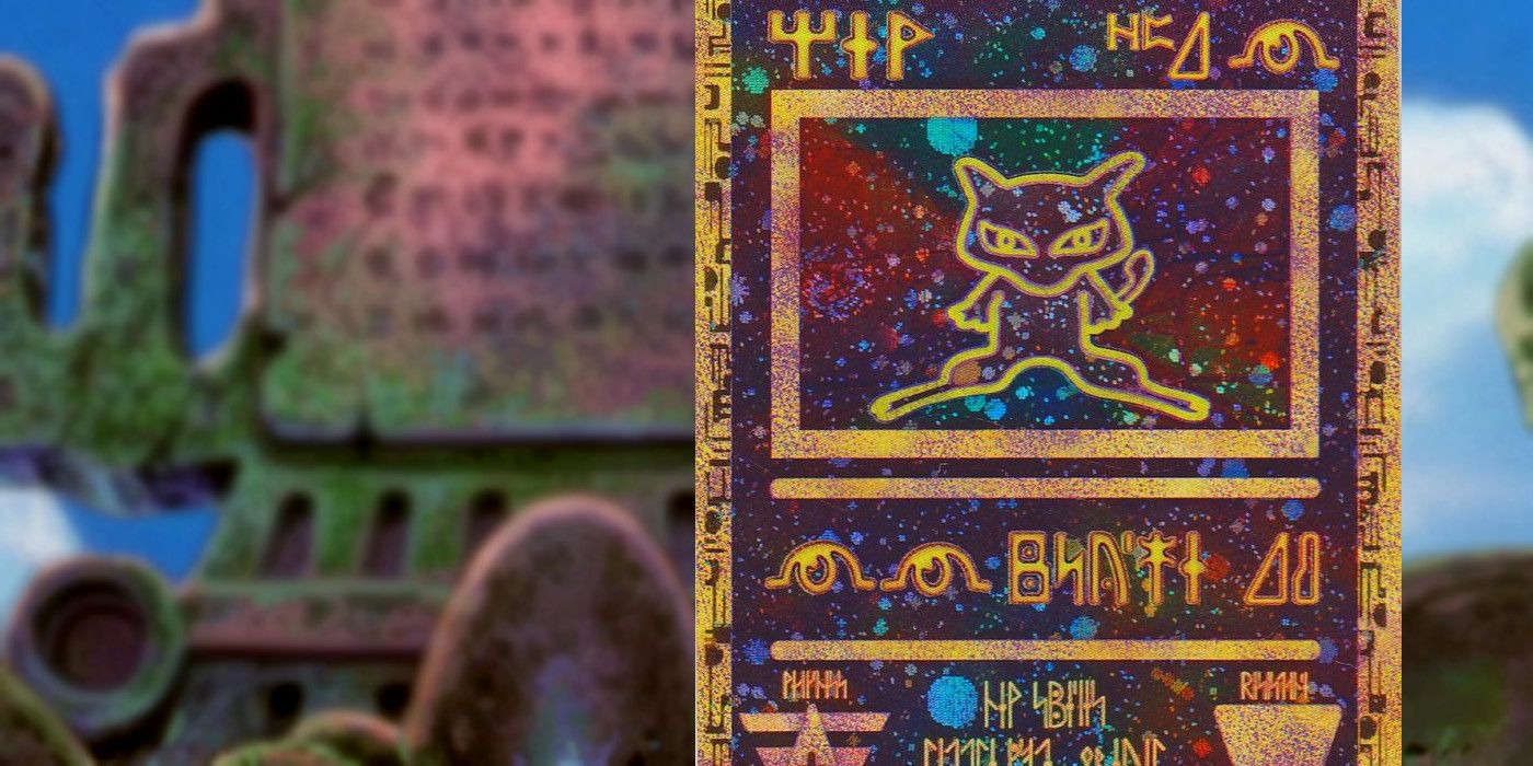 Ancient Mew's Pokémon TCG card at an ancient site