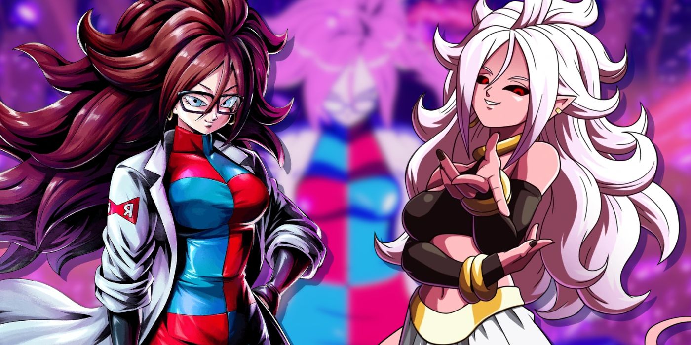 Android 21 de Dragon Ball FighterZ em suas formas normal e Majin